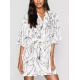 Buttoned Elasticity Pleated Printed Batwing Sleeves Half Sleeves V-Neck Mini Dresses