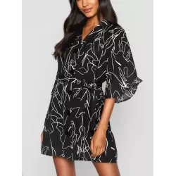 Buttoned Elasticity Pleated Printed Batwing Sleeves Half Sleeves V-Neck Mini Dresses