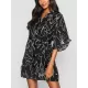 Buttoned Elasticity Pleated Printed Batwing Sleeves Half Sleeves V-Neck Mini Dresses