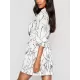 Buttoned Elasticity Pleated Printed Batwing Sleeves Half Sleeves V-Neck Mini Dresses