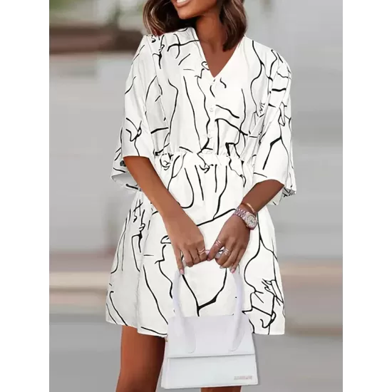 Buttoned Elasticity Pleated Printed Batwing Sleeves Half Sleeves V-Neck Mini Dresses