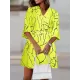 Buttoned Elasticity Pleated Printed Batwing Sleeves Half Sleeves V-Neck Mini Dresses