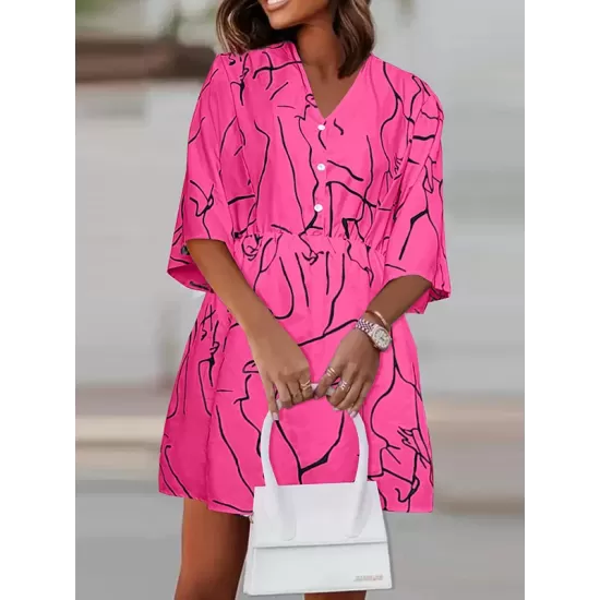 Buttoned Elasticity Pleated Printed Batwing Sleeves Half Sleeves V-Neck Mini Dresses