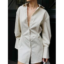 Buttoned Striped Flared Sleeves Long Sleeves Lapel Shirt Dress Mini Dresses