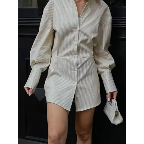 Buttoned Striped Flared Sleeves Long Sleeves Lapel Shirt Dress Mini Dresses