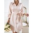 Buttoned Leopard Tied Waist Long Sleeves Loose Lapel Shirt Dress Mini Dresses