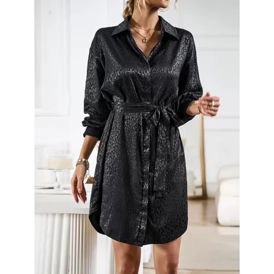 Buttoned Leopard Tied Waist Long Sleeves Loose Lapel Shirt Dress Mini Dresses