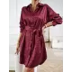 Buttoned Leopard Tied Waist Long Sleeves Loose Lapel Shirt Dress Mini Dresses