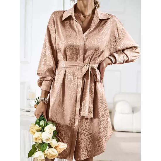 Buttoned Leopard Tied Waist Long Sleeves Loose Lapel Shirt Dress Mini Dresses