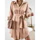 Buttoned Leopard Tied Waist Long Sleeves Loose Lapel Shirt Dress Mini Dresses