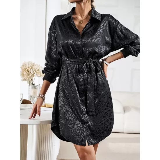 Buttoned Leopard Tied Waist Long Sleeves Loose Lapel Shirt Dress Mini Dresses