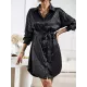 Buttoned Leopard Tied Waist Long Sleeves Loose Lapel Shirt Dress Mini Dresses