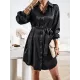 Buttoned Leopard Tied Waist Long Sleeves Loose Lapel Shirt Dress Mini Dresses