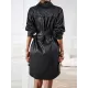 Buttoned Leopard Tied Waist Long Sleeves Loose Lapel Shirt Dress Mini Dresses