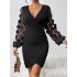 Buttoned Elasticity Mesh Polka-Dot Solid Color Bodycon High Waisted Deep V-Neck Mini Dresses