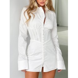 Buckle Solid Color Split-Front High Waisted Long Sleeves Lapel Mini Dresses