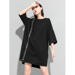 Original Black Zipper Batwing Sleeve Round-Neck Mini Dress