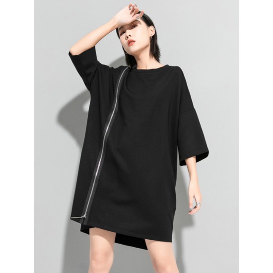 Original Black Zipper Batwing Sleeve Round-Neck Mini Dress