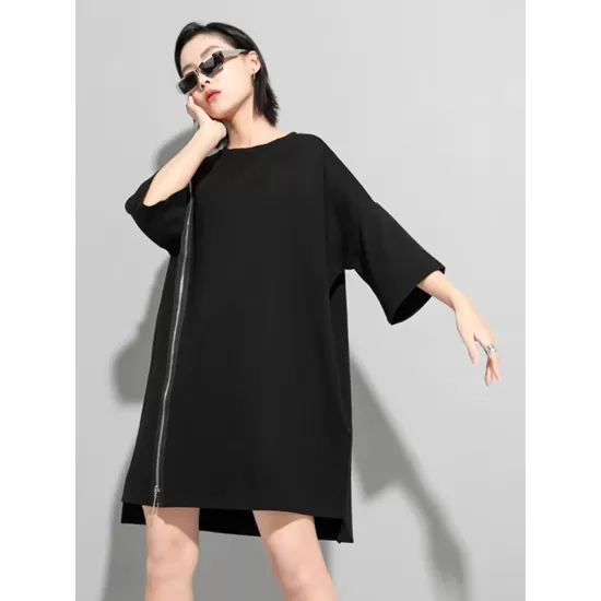 Original Black Zipper Batwing Sleeve Round-Neck Mini Dress