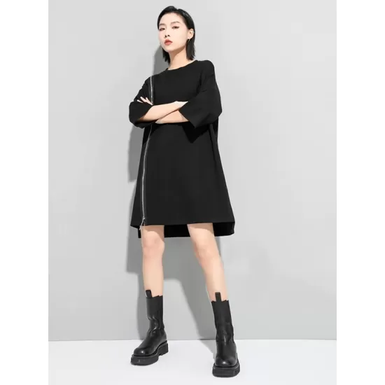 Original Black Zipper Batwing Sleeve Round-Neck Mini Dress