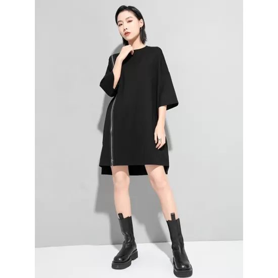 Original Black Zipper Batwing Sleeve Round-Neck Mini Dress