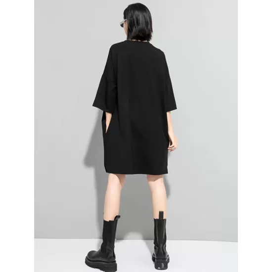 Original Black Zipper Batwing Sleeve Round-Neck Mini Dress