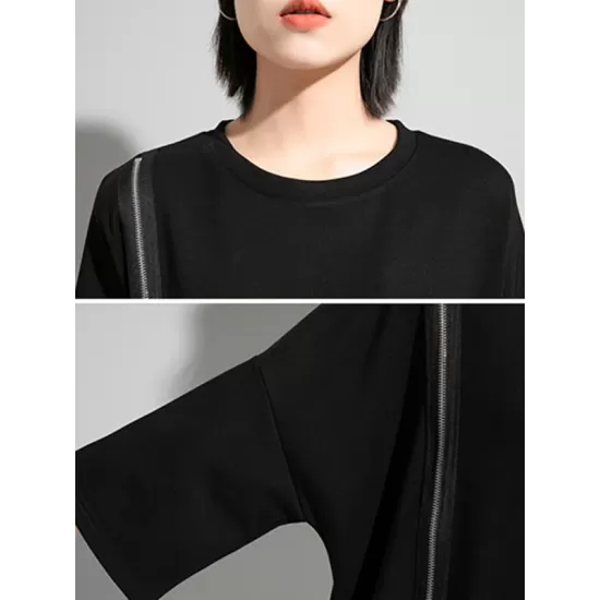 Original Black Zipper Batwing Sleeve Round-Neck Mini Dress