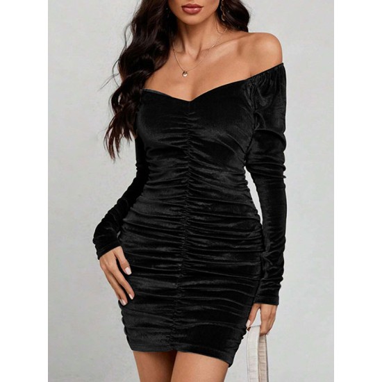 Pleated Solid Color Velvet Bodycon High Waisted Off-The-Shoulder Mini Dresses