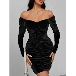 Pleated Solid Color Velvet Bodycon High Waisted Off-The-Shoulder Mini Dresses