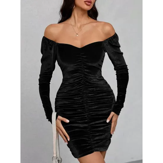 Pleated Solid Color Velvet Bodycon High Waisted Off-The-Shoulder Mini Dresses