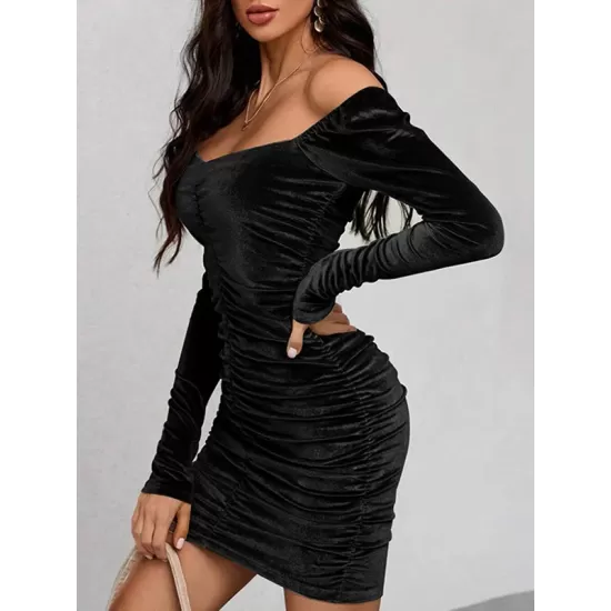 Pleated Solid Color Velvet Bodycon High Waisted Off-The-Shoulder Mini Dresses