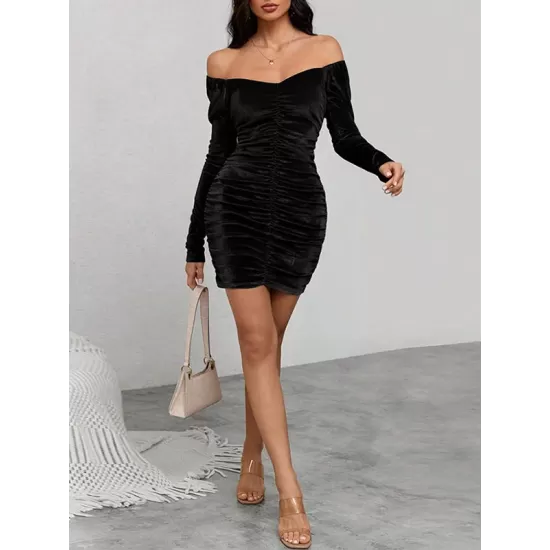 Pleated Solid Color Velvet Bodycon High Waisted Off-The-Shoulder Mini Dresses