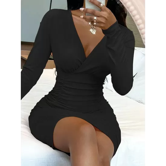 Pleated Solid Color High Waisted Long Sleeves Deep V-Neck Mini Dresses