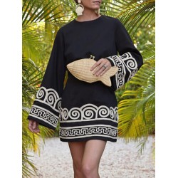 Flared Sleeves Embroidered Round-Neck Mini Dresses