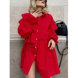 Asymmetric Buttoned Elasticity Layered Ruffled Solid Color High-Low Long Sleeves Lapel Mini Dresses