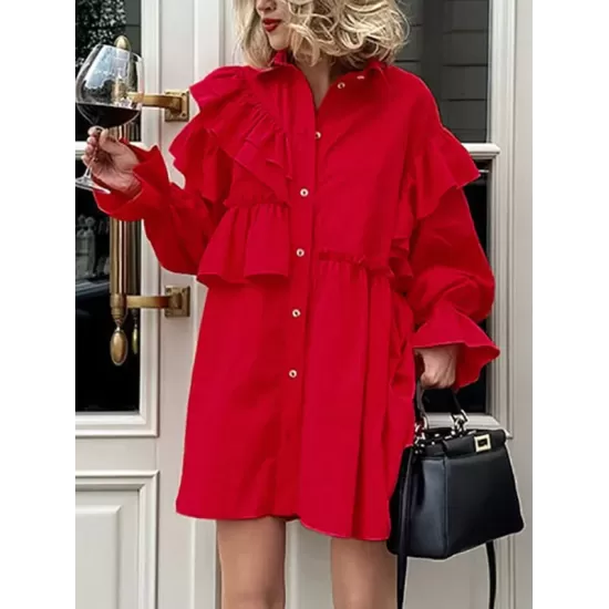 Asymmetric Buttoned Elasticity Layered Ruffled Solid Color High-Low Long Sleeves Lapel Mini Dresses