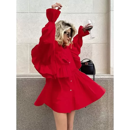 Asymmetric Buttoned Elasticity Layered Ruffled Solid Color High-Low Long Sleeves Lapel Mini Dresses