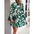 Flower Print Pleated Tied Waist High Waisted Long Sleeves Mock Neck Mini Dresses