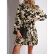 Flower Print Pleated Tied Waist High Waisted Long Sleeves Mock Neck Mini Dresses