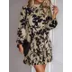 Flower Print Pleated Tied Waist High Waisted Long Sleeves Mock Neck Mini Dresses