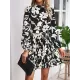 Flower Print Pleated Tied Waist High Waisted Long Sleeves Mock Neck Mini Dresses