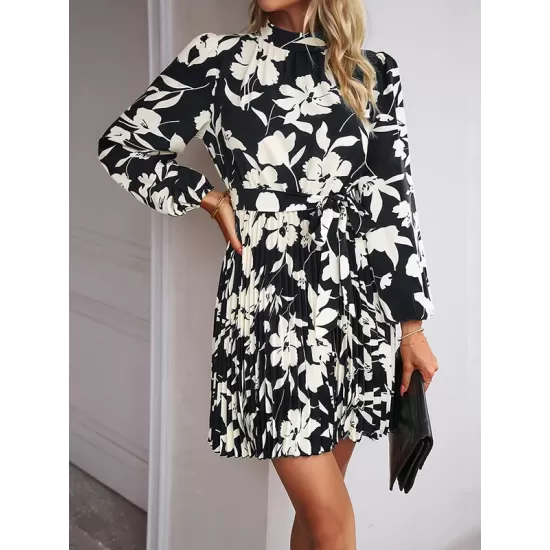 Flower Print Pleated Tied Waist High Waisted Long Sleeves Mock Neck Mini Dresses