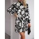 Flower Print Pleated Tied Waist High Waisted Long Sleeves Mock Neck Mini Dresses