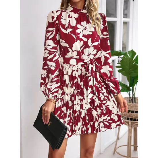 Flower Print Pleated Tied Waist High Waisted Long Sleeves Mock Neck Mini Dresses