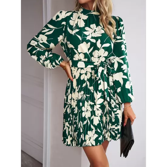 Flower Print Pleated Tied Waist High Waisted Long Sleeves Mock Neck Mini Dresses