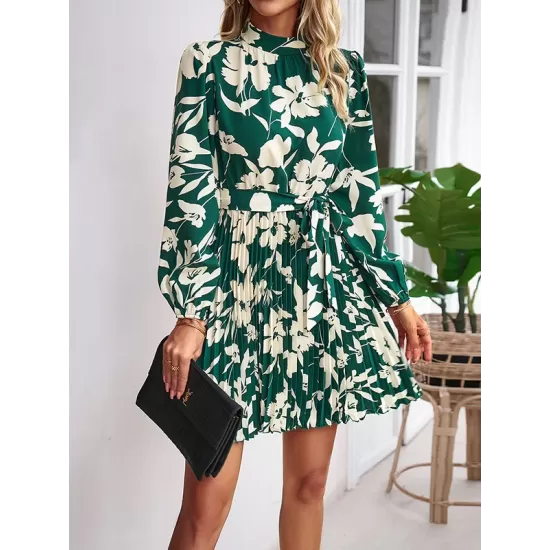 Flower Print Pleated Tied Waist High Waisted Long Sleeves Mock Neck Mini Dresses