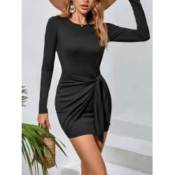 Knot Solid Color Long Sleeves Skinny Round-Neck Mini Dresses