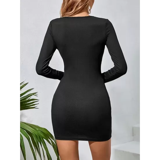 Knot Solid Color Long Sleeves Skinny Round-Neck Mini Dresses