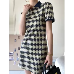 Original Plaid Knitting Lapel Collar Short Sleeves Mini Dress