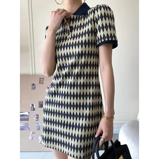 Original Plaid Knitting Lapel Collar Short Sleeves Mini Dress